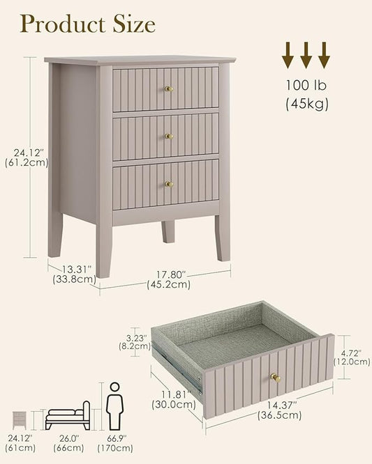 Night Stand, Fluted Nightstand Bedside Tall Farmhouse Nightstand with 3 Drawers, Mid Century Modern Side Accent Table,Bedside End Table for Bedroom, Living Room, Khaki