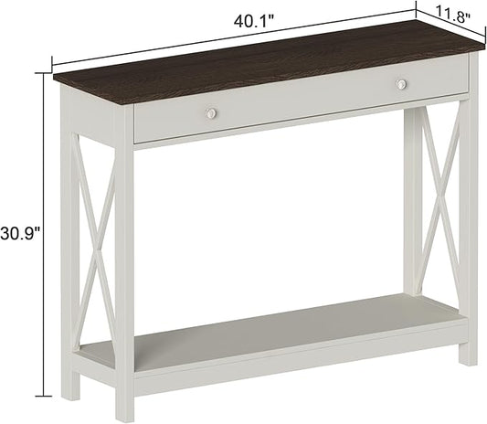 Treocho Farmhouse Console Table with Drawer and Storage Shelves, Foyer Sofa Table Narrow for Entryway, Living Room, Hallway, Antique White & Brown
