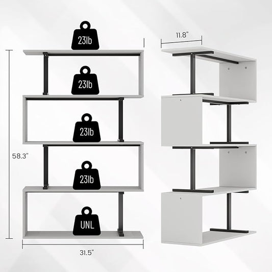 5-Tier Geometric Bookshelf, S Shaped Bookcase, 31.5" W x 58.3" H Wood Decorative Storage Shelving, Modern Freestanding Display Shelves, Tall Book Shelf Unit for Living Room Bedroom