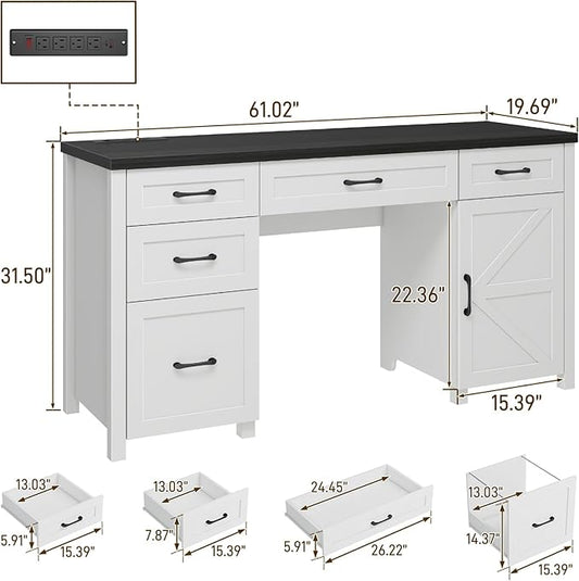 Farmhouse 61'' Executive Desk with 5 Drawers, Rustic Office Desk Computer Desk with Charging Station, File Drawers and Storage Cabinet, Wood Workstation for Home Office and Study.(Black Top)