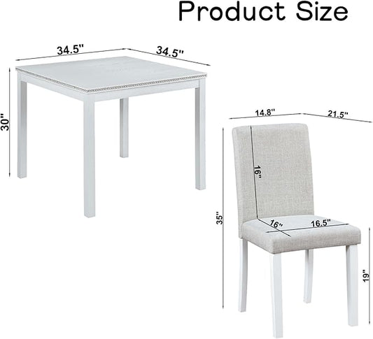 Dining Table Set for 4, 5-Piece Kitchen Table & Chairs Set with Versatile Square Table & 4 Upholstered Chairs, 34.5'' Dinner Set with Crystal Decorations & Wood Grain Design, Light White