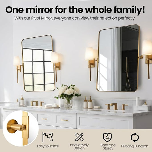 MOON MIRROR 24" x 36" Brushed Gold Metal Framed Pivot Rectangle Bathroom Mirror for Wall, Tilting Rounded Corner Rectangular Vanity Mirror Hangs Vertical Only