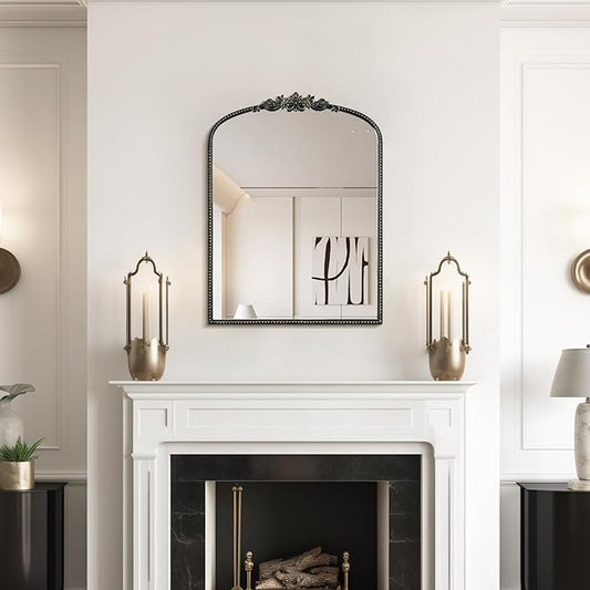 WallBeyond Gold Vintage Arched Wall Mirror, 24x32 Inch, Black Iron Frame, Bathroom, Living Room, Entryway