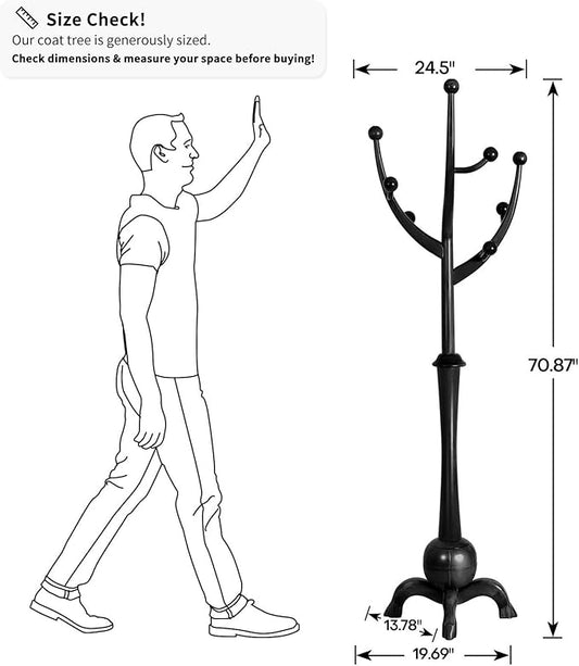 Heavy Duty Coat Rack Freestanding Wood Tree Rack with 8 Hooks, Unique Design Tree Branch-look, Premium Coat Tree Clothes Hanger Stand with Sphere Base for Entryway, Hallway, Bedroom-Load 160lbs Black