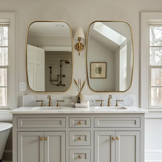 ANDY STAR Brushed Gold Oval Bathroom Mirror, 24x36 Inch Brass Oblong Mirrors for Wall, Modern Rectangle Vanity Mirror with Rounded Corner, Stainless Steel Wall Mount Horizontal or Vertical