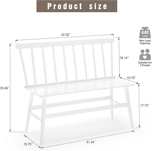 Bamboo Dining Bench, Wooden White Entryway Bench with Spindle Back Farmhouse Wood Windsor for Foyer Balcony Living Room Comfortable Winsor Chair Benches for Home