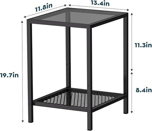 SAYGOER Small Side Table Glass End Table with Mesh Storage Shelf for Small Spaces Modern, 13.4" x11.8" x19.7", 2-Tier Square Bed Nightstand Couch Table for Living Room Bedroom, Gray