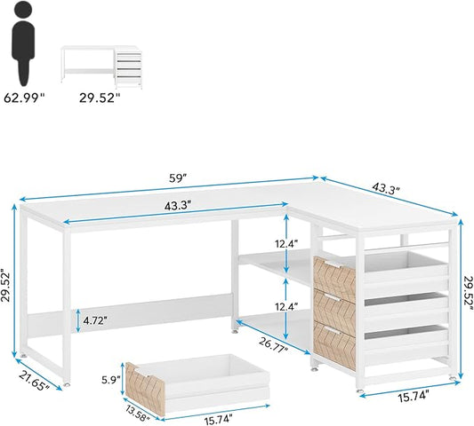 Tribesigns L Shaped Computer Desk with Storage Drawers, 59 inch Corner Desk with Shelves, Reversible L-Shaped Office Desk Study Writing Table Workstation for Home Office, White
