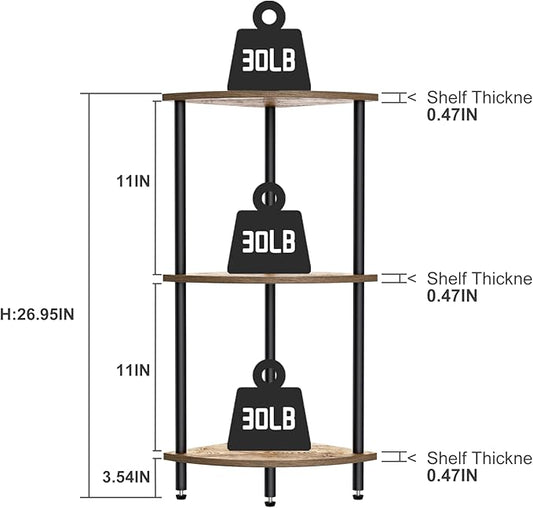 3 Tier Corner Shelf,Corner Bookcase for Small Spaces, Display Shelf,Narrow Bookshelf,Rustic Brown and Black,Suitable for Bedroom,Living Room,Kitchen