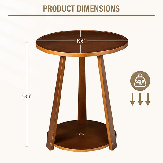 CozyDH Round End Table Living Room, Side Table with Lower Shelf Bedroom, Solid Rubberwood Night Stand with Storage Space, Sofa Couch Table Walnut