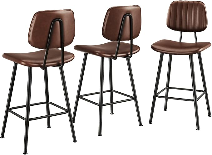 24-Inch Leather Bar Stools Set of 3, Counter Height Barstools with High Backrest,Bar Chairs for Kitchen Island with Heavy Duty Metal Legs, Dark Brown