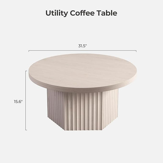 SICOTAS Round Coffee Table for Living Room, 32" Circle Modern Fluted Center Coffee Table with Storage, Mid Century Accent Tea Dining Table for Small Space, Apartment, White Alder