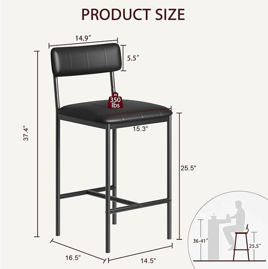 GarveeHome Bar Stools Set of 2, Upholstered Counter Height Bar Stools with Backrest and Footrest, Kitchen Barstools for Island, Counter Bar, Easy Assembly, Black