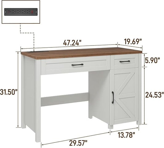 Farmhouse 47" Executive Desk, Computer Desk with Drawers and Storage Cabinet, Workstation Computer Desk for Home Office and Study.(Unique White)
