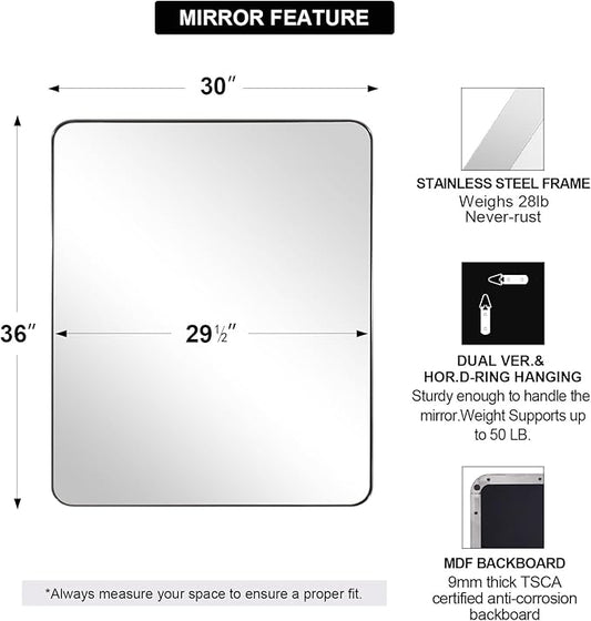 ANDY STAR Chrome Mirror for Bathroom, 30x36 Metal Frame Wall Mirror with Rounded Corner, Modern Rectangle Bathroom Vanity Mirror with Polish Finish…