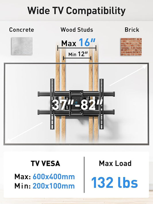 PERLESMITH Full Motion TV Wall Mount for Most 37-82 inch TVs up to 132 lbs, TV Mount with Dual Articulating Arms with Tilt and Extension, Fits 12" 16" Studs, Max VESA 600x400mm, PSLFK1
