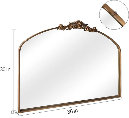 Gold Wall Mirror, Large Arched Vintage Baroque Ornate Mirrors, Traditional Decorative Antique Brass Mirror for Entryway Table, Living Room, Bedroom, Bathroom Vanity, Fireplace (30” x 36”)