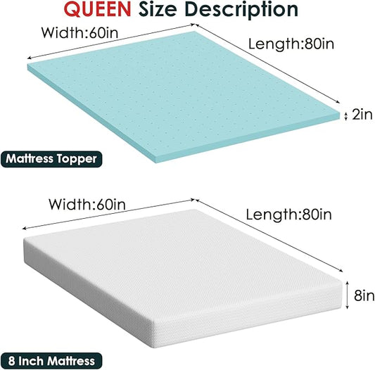 FDW | 8" Queen Mattress + 2" Cooling Mattress Topper | Gel Memory Foam | Medium Firm Feel | White | with Washable Cover for Cool Sleep and Pressure Relief | Bed in a Box, CertiPUR-US Certified