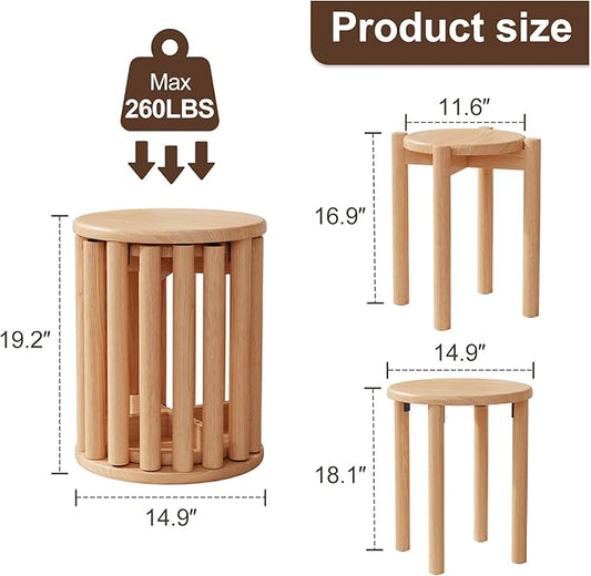 Stackable Stools Set of 4 Wooden Stools 18 Inch Stool Nesting Side Tables Nesting Coffe Table Sturdy and Durable,No Installation Required,Top Stackable Stool for Saving Space(Natural Bar stools)