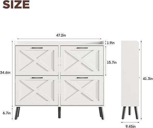 Maupvit Large Shoe Storage Cabinet with 4 Flip Drawers, Narrow Shoe Cabinet for Entryway with Wooden Legs, Freestanding Hidden Shoe Rack Organizer & Metal Hinges, White