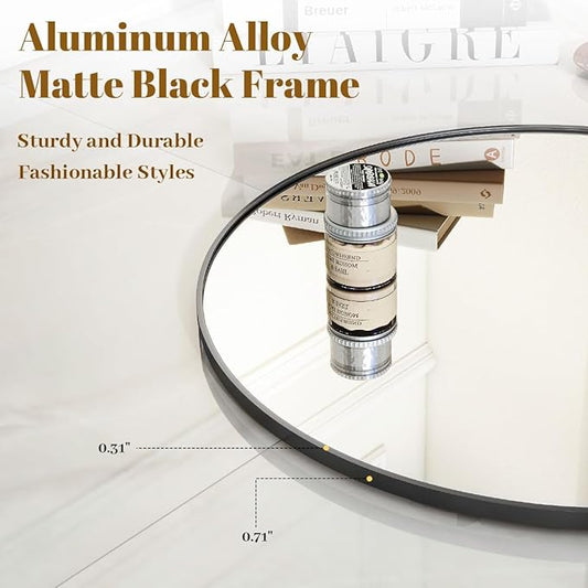 Black Round Bathroom Mirror, 24 inch Circle Wall Mounted Hanging Mirror with Simple Modern Circular Metal Frame for Hallway, Entryway, Living Room, Black Frame