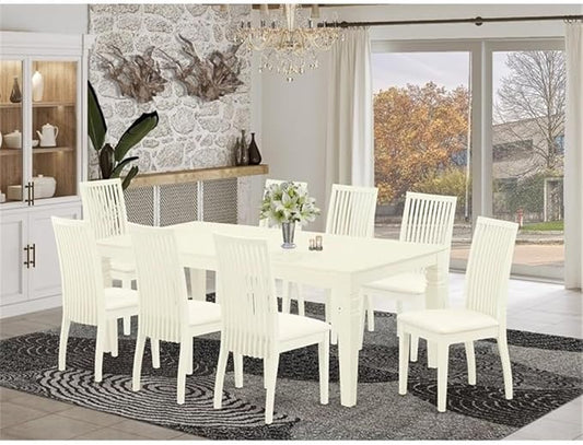 East West Furniture LGIP9-LWH-C 9 Piece Dining Room Table Set Includes a Rectangle Kitchen Table with Butterfly Leaf and 8 Linen Fabric Upholstered Dining Chairs, 42x84 Inch, Linen White