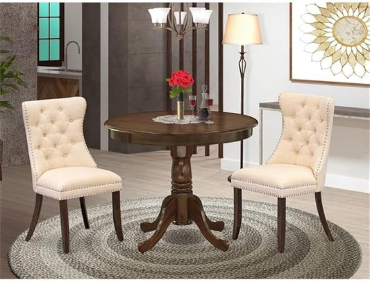 East West Furniture ANDA3-AWA-32 3 Piece Modern Dining Table Set Consists of a Round Kitchen Table with Pedestal and 2 Polyester Fabric Padded Chairs, 36x36 Inch, Antique Walnut