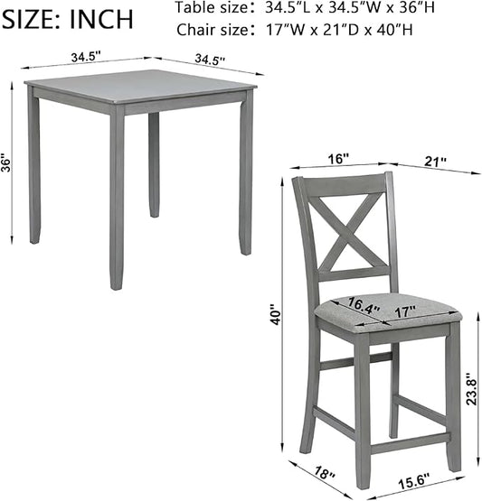 Dining Table Set for 4, Modern 5 Piece Dining Room Table Set with Square Table & 4 X-Shaped Backrest Upholstered Chairs, Counter Height Kitchen Chairs Set for Small Space, Gray
