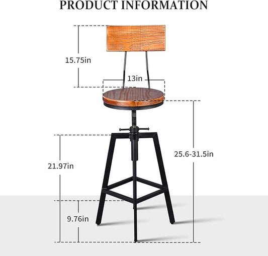 Industrial Bar Stools with Wood Backrest 25-32inch Height Adjustable Kitchen Island Dining Chair Extra Guest Stool Swivel Wooden Seat(Set of 2)