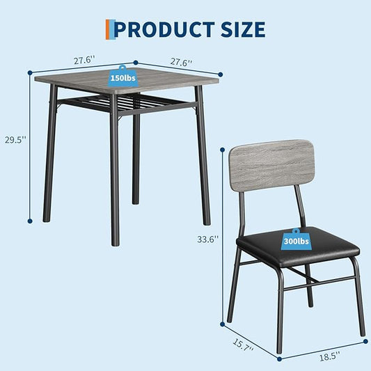GarveeHome Dining Table for 2 with Storage Rack, Small Kitchen Table for 2 with Metal Frame, Square Table with Upholstered Chairs Set of 2, 3-Piece Dining Room Set for Small Space, Apartment, Gray