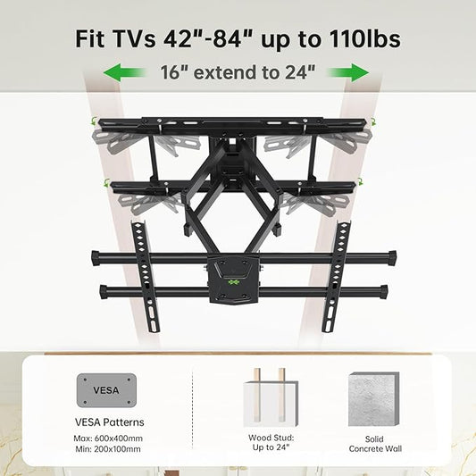 USX MOUNT UL Listed TV Wall Mount for 42"-84" TVs up to 110lbs and 8"-24" Wood Studs, TV Mount with Tilt, Swivel & Extension, Wall Mounts Bracket with Dual Articulating Arms, Max VESA 600x400mm