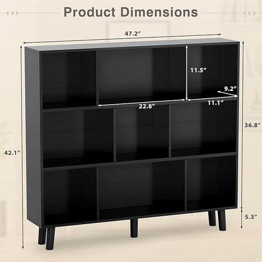 YESHOMY 9 Black Cube Bookcase, Open Frame 3-Tier Book Shelf, Bookshelf Storage Organizer with Feet & Anti-Tilt Device for Organization, Room Decor