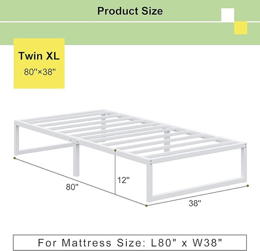 EMODA 12 Inch Twin XL Bed Frame, Metal Platform White Bed Frame No Box Spring Needed, Heavy Duty Steel Slats Support, Easy Assembly, Noise Free