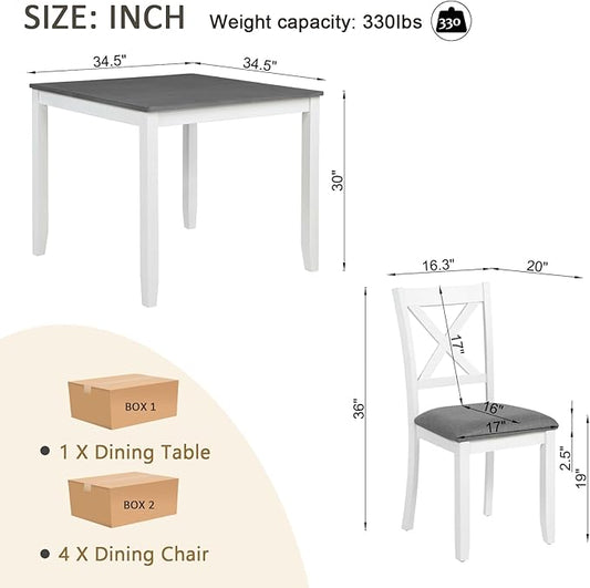 Ball & Cast 5 Piece Dining Table Set with 4 X-Back Chairs,Wooden Living Room Furniture W/ 34.5" Square Kitchen Desk,Easy Assemble & Clean,for Small Space,Apartment,Dining Room,White+Gray