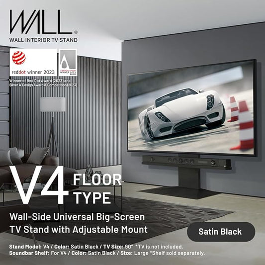 WALL V4 | Sleek Shallow Floor TV Stand for Extra Large 50-100 Inch | Satin Black | for Large Screens | Living Room and Bedroom, Space Saving, Adjustable Mount, No Drill, Japan-Engineered Design