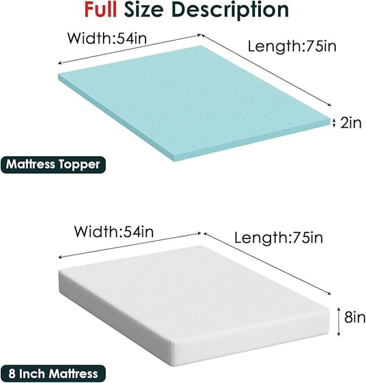 FDW | 8" Full Mattress + 2" Cooling Mattress Topper | Gel Memory Foam | Medium Firm Feel | White | with Washable Cover for Cool Sleep and Pressure Relief | Bed in a Box, CertiPUR-US Certified