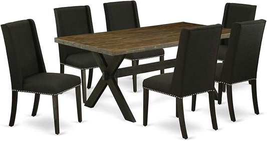 East West Furniture X677FL624-7 7 Piece Modern Dining Table Set Consist of a Rectangle Wooden Table with X-Legs and 6 Black Linen Fabric Parson Dining Chairs, 40x72 Inch, Multi-Color