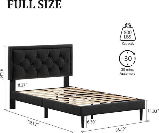Full Size Platform Bed Frame with Upholstered Velvet Button Tufted Headboard, Mattress Foundation with Wooden Slat Support, No Box Spring Needed, Easy Assembly, Noise Free, Black