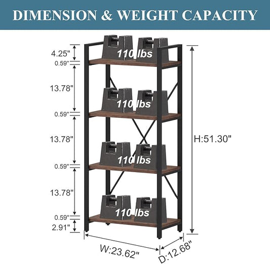 BON AUGURE Industrial 4 Tier Bookshelf, Modern Open Etagere Bookcase, Wood Metal Vintage Shelving Unit for Office Bedroom and Living Room, Heavy Duty Book Shelf (Rustic Oak)