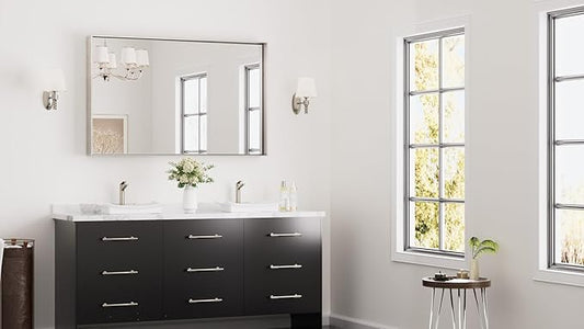 Keonjinn 48 x 30 in Brushed Nickel Bathroom Vanity Mirror, Rectangular Silver Metal Framed Wall-Mounted Mirror Square Corner Modern Farmhouse Rectangle Mirror for Over Sink(Horizontal/Vertical)