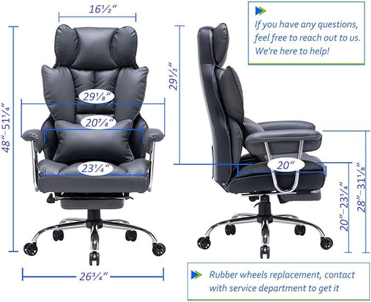 Efomao Big and Tall Office Chair with Footrest, 400LBS PU Leather High Back Executive Office Chair with Lumbar Support, Wide Computer Chair for Home Office, Dark Grey