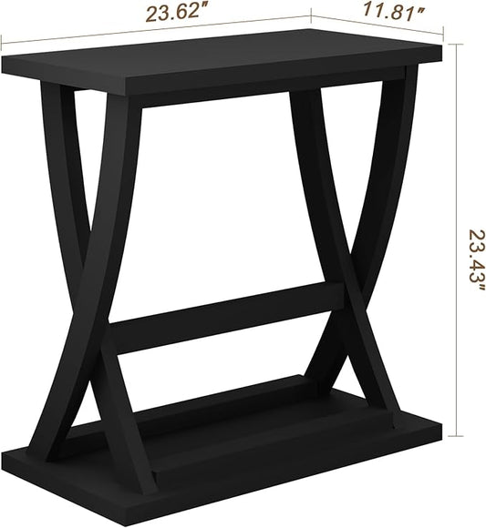 ChooChoo Black End Table, Narrow Side Table with Storage Shelf, Modern X-Design Slim End Table for Living Room,Bedroom, Small Space, 11.8" D*23.6" W*23.4" D