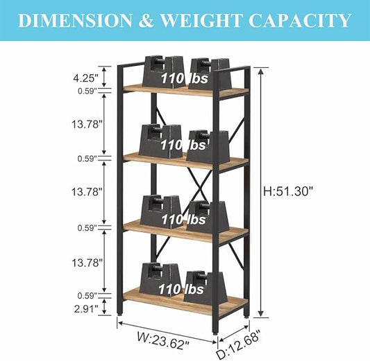 BON AUGURE Industrial 4 Tier Bookshelf, Modern Open Shelving Unit Book Shelves, Heavy Duty Etagere Bookcase, Wood Metal 4 Shelf Book Case for Office, Living Room and Bedroom (Vintage Oak)