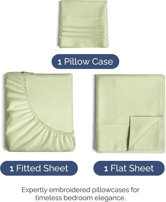 Twin Size 3 Piece Sheet Set - Comfy Breathable & Cooling Bed Sheets Set - Hotel Luxury Bedding for Women, Men, Kids, Teens, Boys & Girls - Deep Pockets and Wrinkle Free - Oeko-Tex - Light Sage Green
