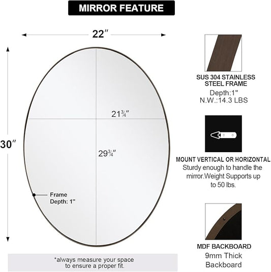 ANDY STAR Bronze 22x30 Oval Bathroom Mirror, Sturdy Stainless Steel Frame, Anti-Scratch Glass, Modern Brushed Bronze Finish, Easy Wall Mount