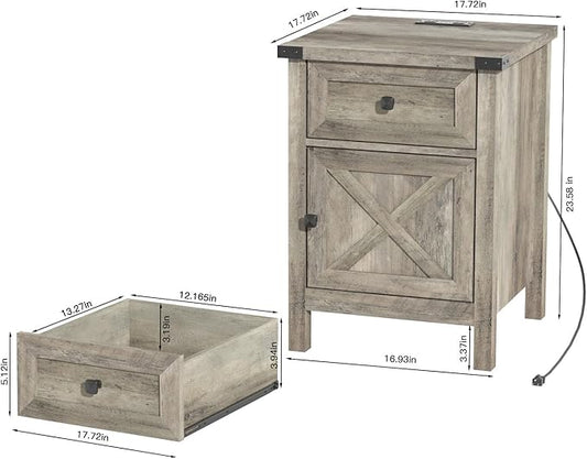 Rustic Nightstand with Charging Station, Night Stand with Barn Door and Drawer, Storage Bedroom Living Room Bedside Table Farmhouse End Table Industrial Bedside Table with USB Ports and Outlets,Grey