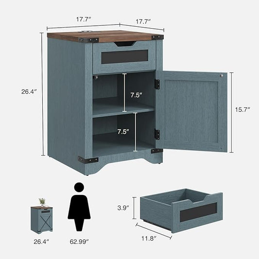 Farmhouse End Table with Charging Station, 26.4" Tall Rustic Nightstand with Drawer and X Barn Door, Country Bedside Sofa Side Table for Living Room, Blue