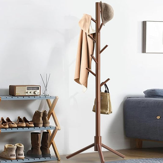 Wooden Coat Rack Stand, Freestanding Coat Rack with 8 Hooks, 3 Adjustable Size Coat Tree for Hats, Coats, Scarves bags, Coat Hanger Stand Used in Bedroom/Office/Entryway (Brown)