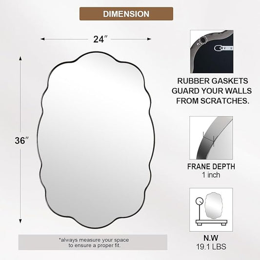ANDY STAR Chrome Vintage Scalloped Mirror - 24x36 Inch Retro Bathroom Mirror, Unique Irregular Oval Wavy Mirror with Heavy Duty Metal Frame