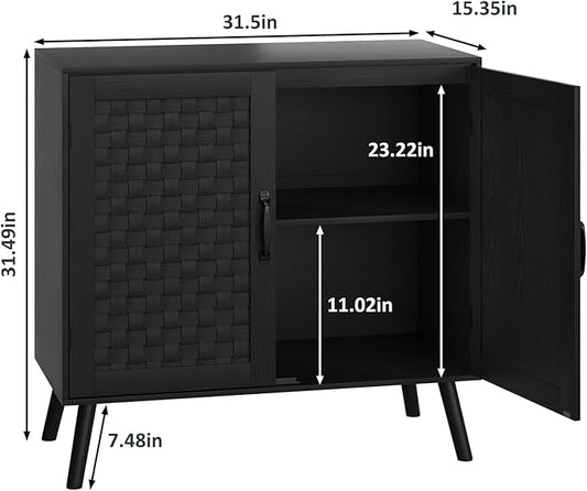 Black Buffet Sideboard Cabinet, Storage Cabinet with Handmade PVC Rattan Decor Doors, Wooden Coffee Station with Adjustable Shelf for Kitchen, Living Room, Entryway